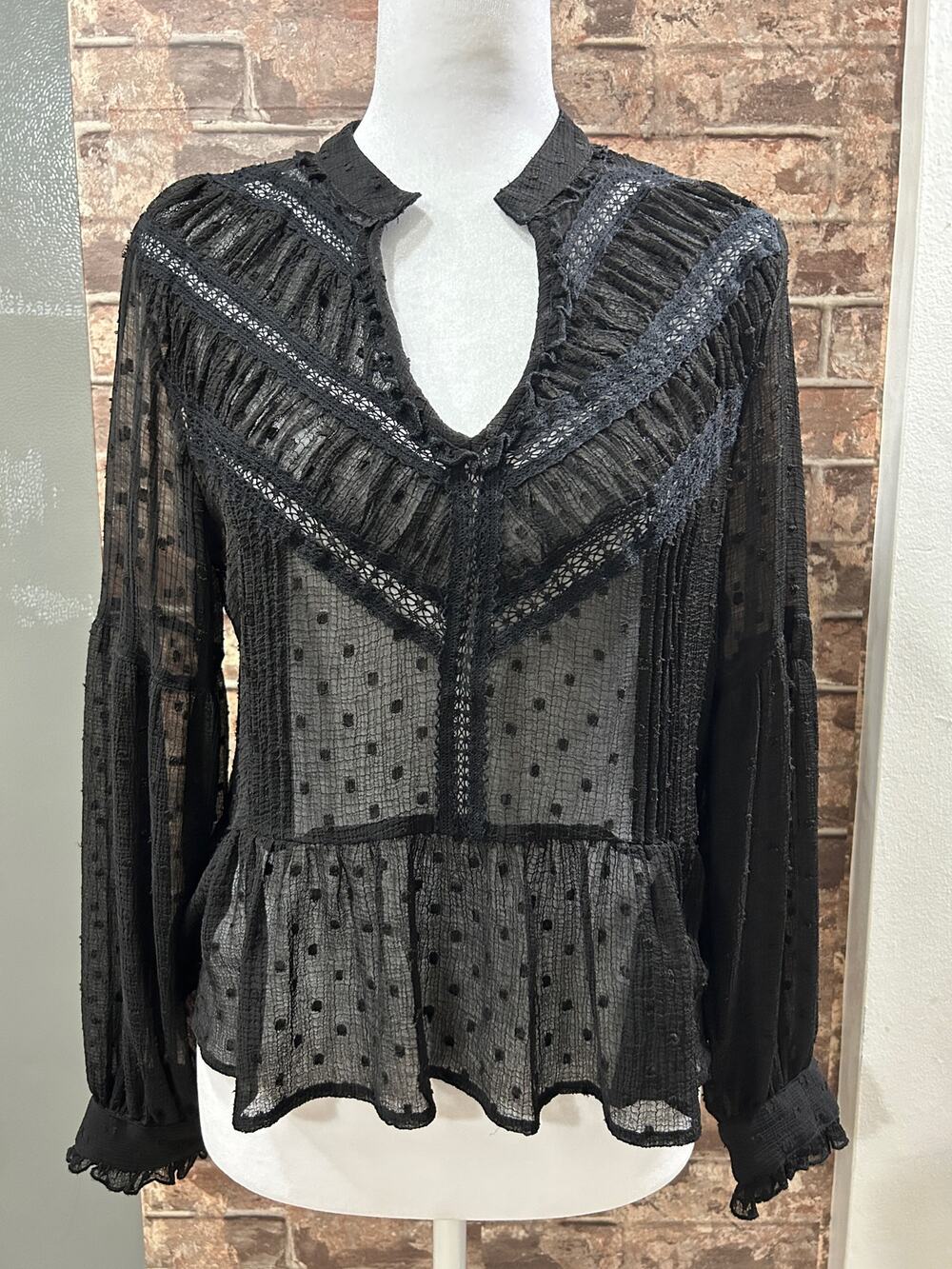 Zara Black Sheer Swiss Dot Lace Peplum Blouse M Whimsigoth